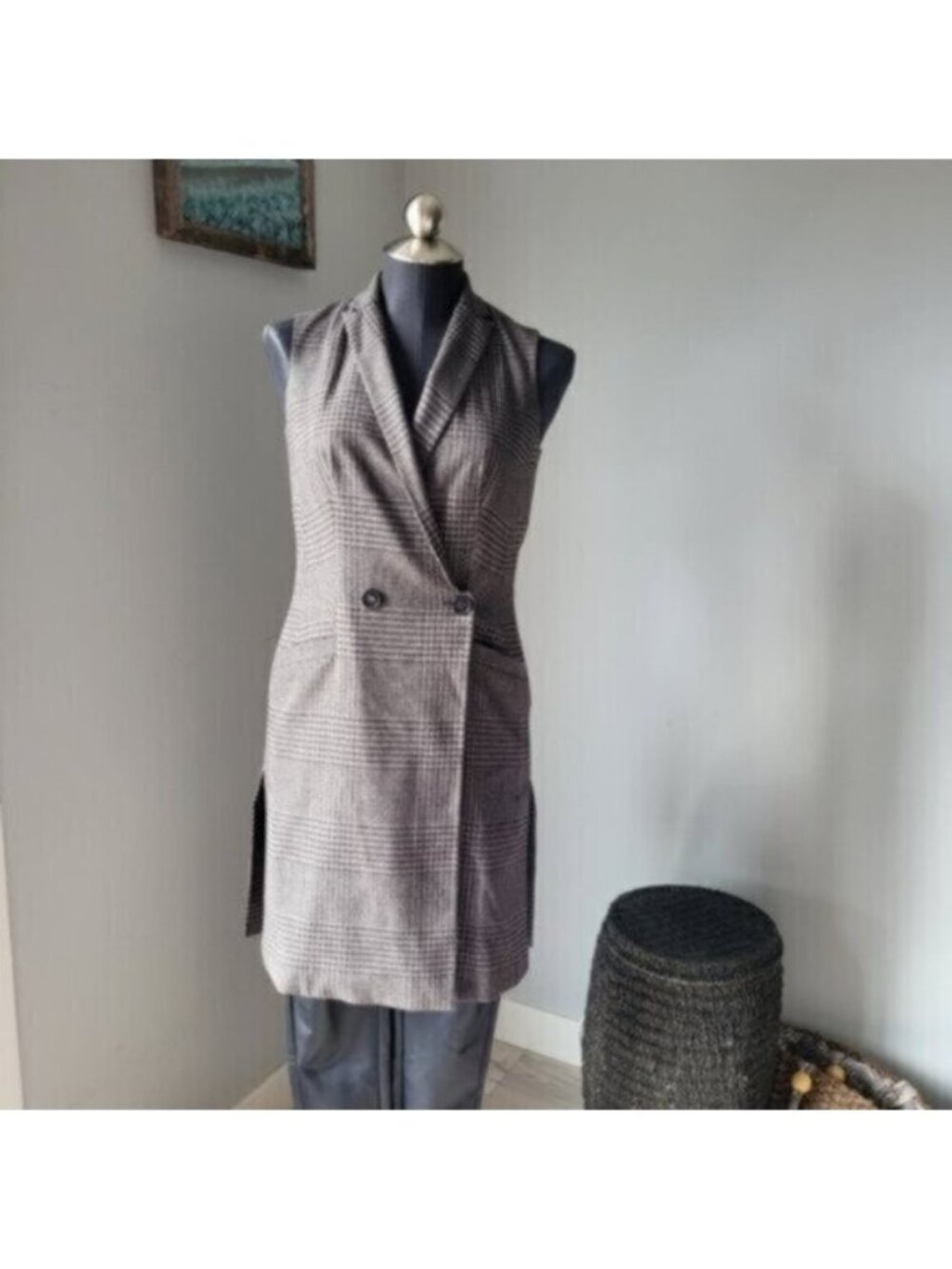 Fall Double Breasted Houndstooth Long Blazer Vest Sz 0/Small